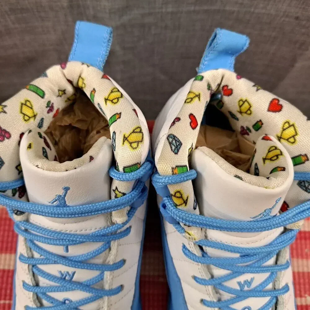 %Nike 5Y/W6.5 Air Jordan 12 University Blue UNC Emoji GS Sneakers / AJ10